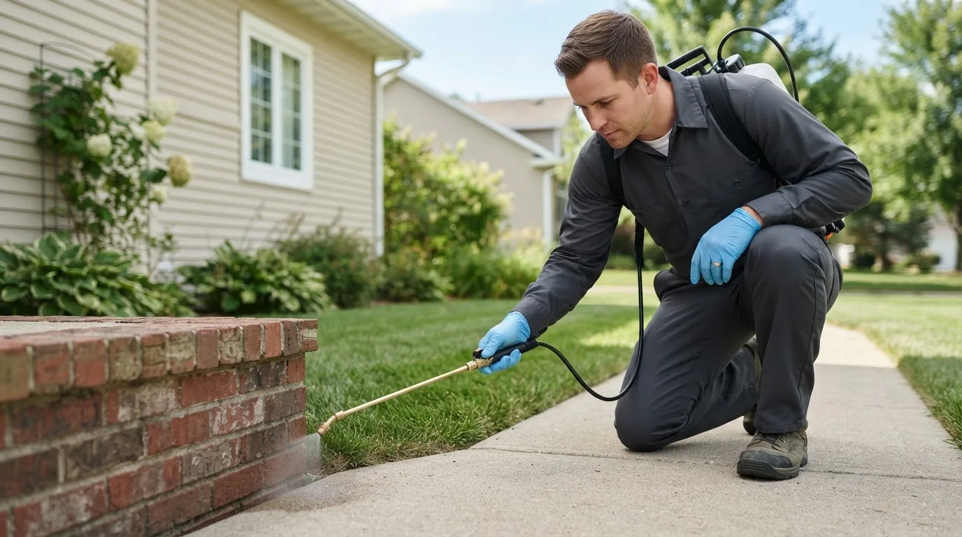 Pest control technician treating a home near Rhame, ND