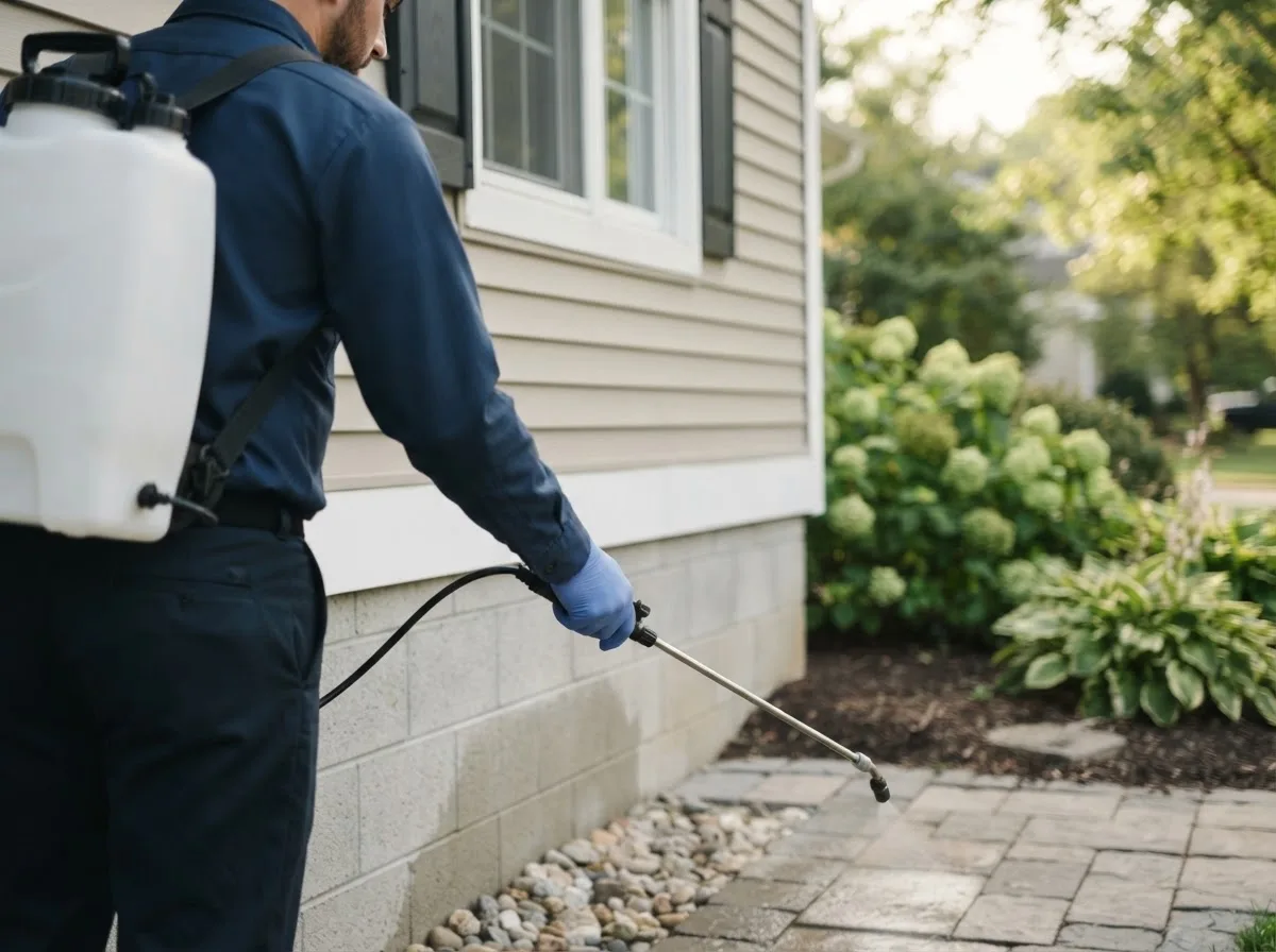 Pest control technician inspecting a home in Rhame, ND